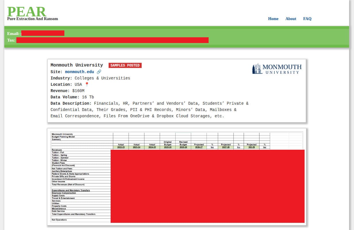 PEAR lists Monmouth University on its data leak site.